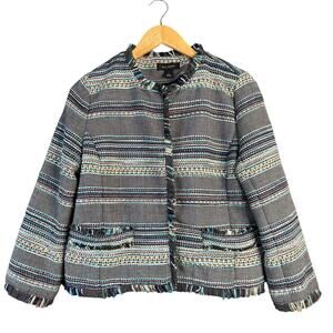 Halogen Blazer Womens 8 Blue Colorful Striped Tweed Fringe‎ Twee Business Career